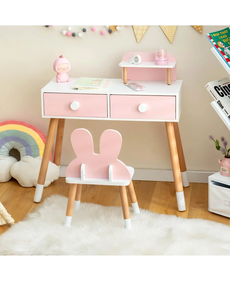Slickblue Kids Vanity Table and Chair Set with Drawer Shelf Rabbit Mirror
