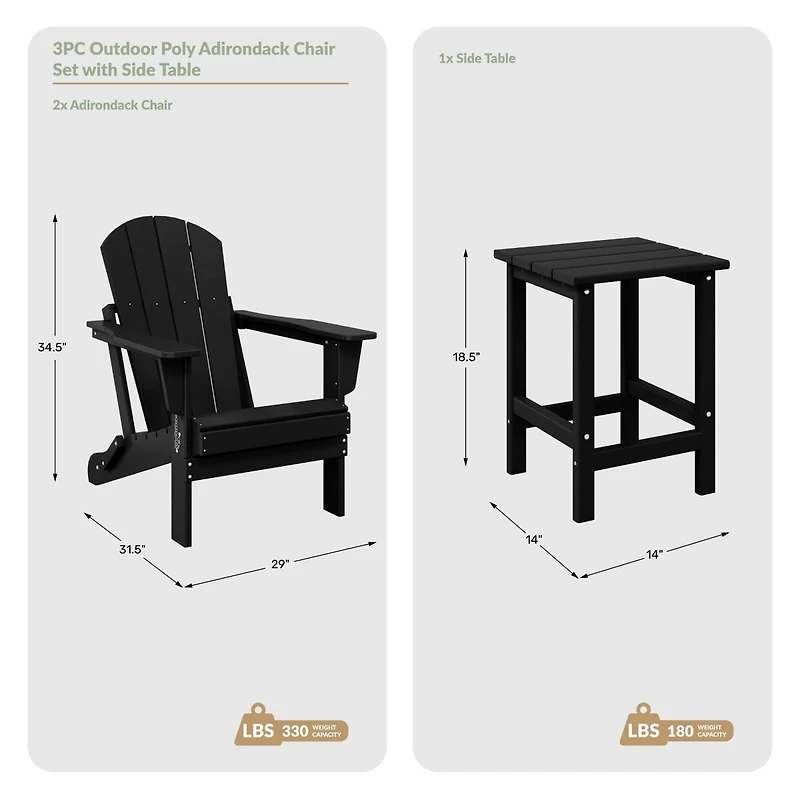 WestinTrends 3 Piece Set Outdoor Folding Adirondack Chairs with Side Table