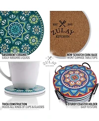 Zulay Kitchen Mandala Coasters with Holder & Cork Base - 6 Pc.