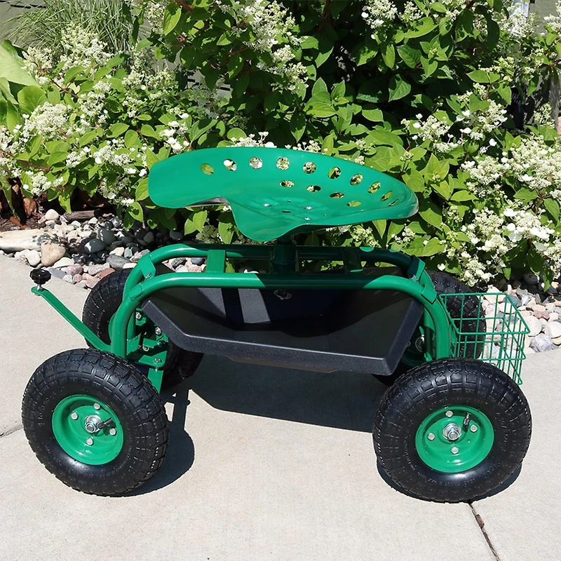 Rolling Gardening Cart with Adjustable 360-Degree Swivel Seat - Utility Tool Tray and Storage Basket - Green