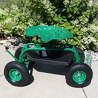 Rolling Gardening Cart with Adjustable 360-Degree Swivel Seat - Utility Tool Tray and Storage Basket - Green
