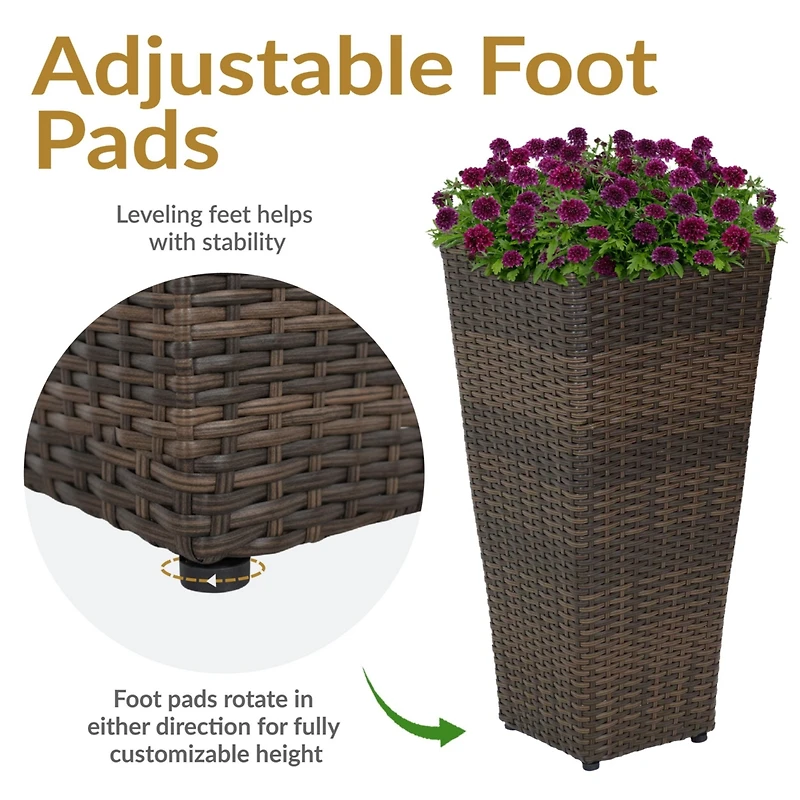 Modern Decorative Standing Square Polyrattan Planter Containers - Brown