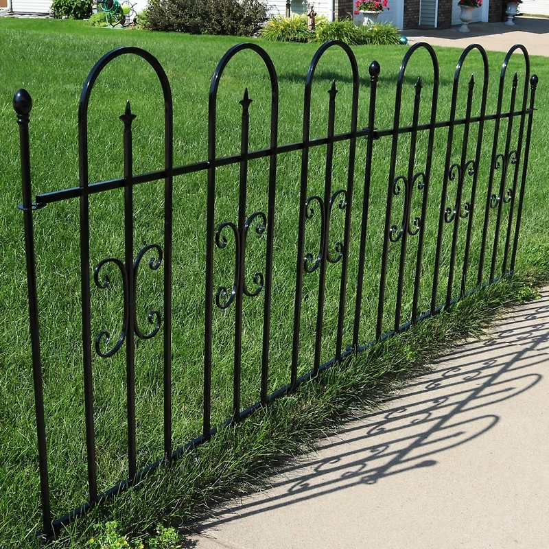 Finial 8' Set of 2 Decorative Garden Fence Panels - Iron Border Fence - 49.25" W x 38.25" H Per Panel - Black