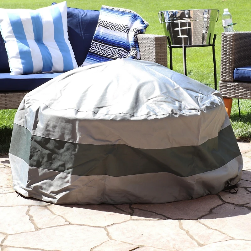 2-Tone Round Outdoor Fire Pit Cover - Heavy-Duty 300D Polyester with Drawstring - Gray/Green - 60-Inch x 24-Inch