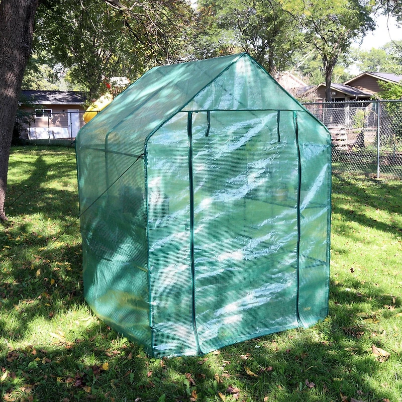 Portable Outdoor Grandeur Walk-In Greenhouse with 4 Steel Wire Shelves and Roll-Up Door - Green