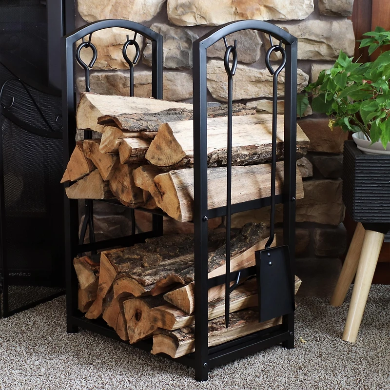 5pc Indoor/Outdoor Steel Log Holder with Fireplace Tool Set, Tongs, Poker, Shovel and Brush - Black