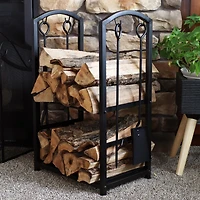 5pc Indoor/Outdoor Steel Log Holder with Fireplace Tool Set, Tongs, Poker, Shovel and Brush - Black