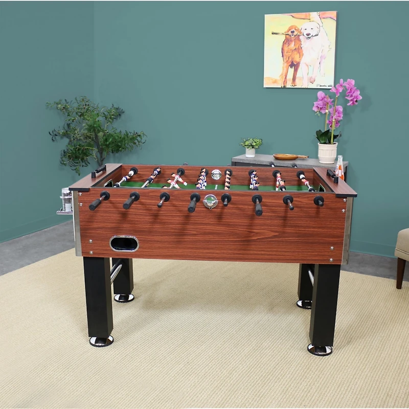 Indoor Classic Faux Wood Foosball Soccer Game Table with Manual Scorers and Folding Drink Holders - 5'
