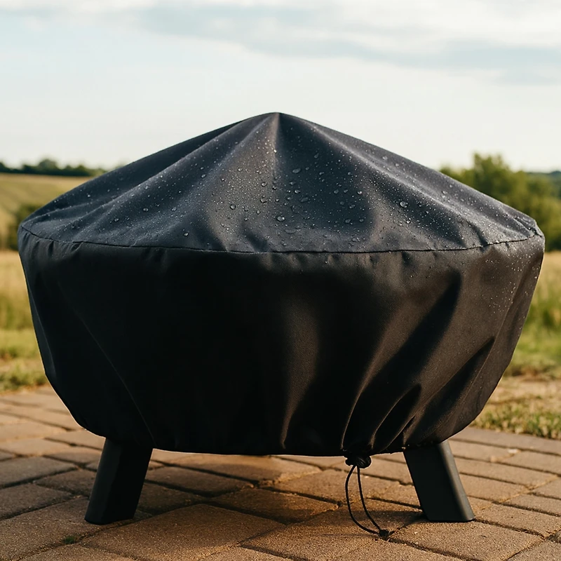Round Outdoor Fire Pit Cover - Heavy-Duty 300D Polyester and Pvc with Drawstring Closure - Black - 48-Inch