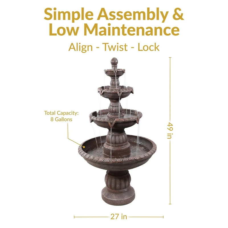 Mediterranean 49-Inch 4-Tiered Outdoor Water Fountain - Electric Submersible Pump - Fiberglass and Resin