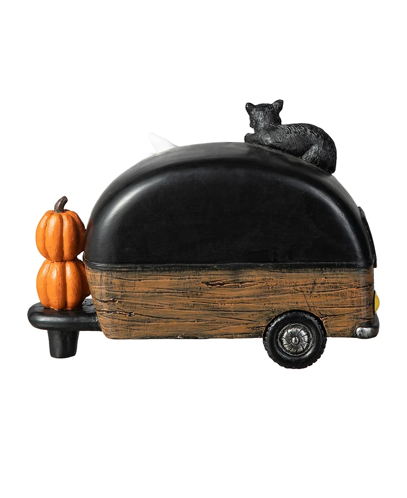 Glitzhome 9.25''L Halloween Polyresin Lighted Camper W/Ghost Pumpkin Black Cat Table Decor