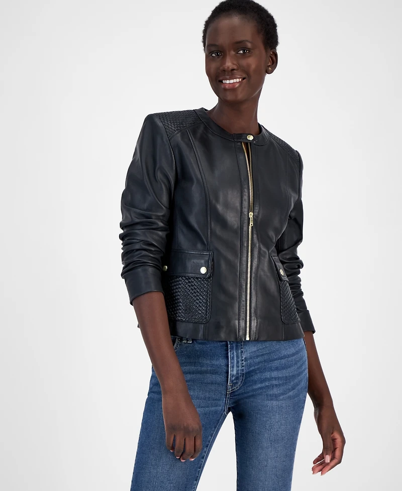 Cole Haan Women's Woven-Shoulder Zip-Front Leather Coat