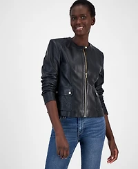 Cole Haan Women's Woven-Shoulder Zip-Front Leather Coat