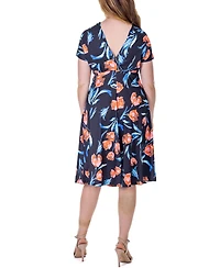 24seven Comfort Apparel Tulip Print V Neck Empire Waist Kimono Cap Sleeve Knee Length Dress