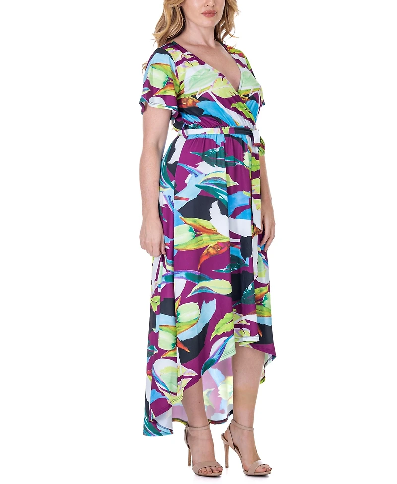 24seven Comfort Apparel Print V Neck Belted High Low Faux Wrap Dress