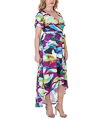 24seven Comfort Apparel Print V Neck Belted High Low Faux Wrap Dress