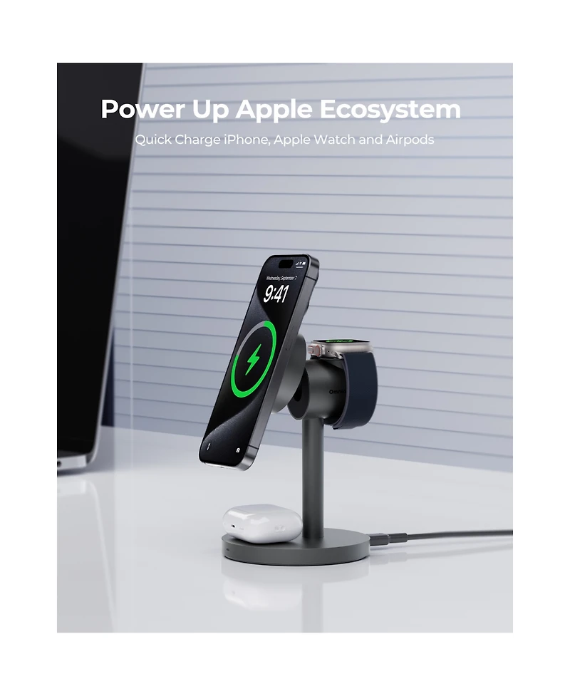 Aukey Lc-MC311 MagFusion 3-in-1 15W Qi2 & MfW Certified Magnetic Fast Wireless Charging Station 1.5ft Usb C-c Cable Included