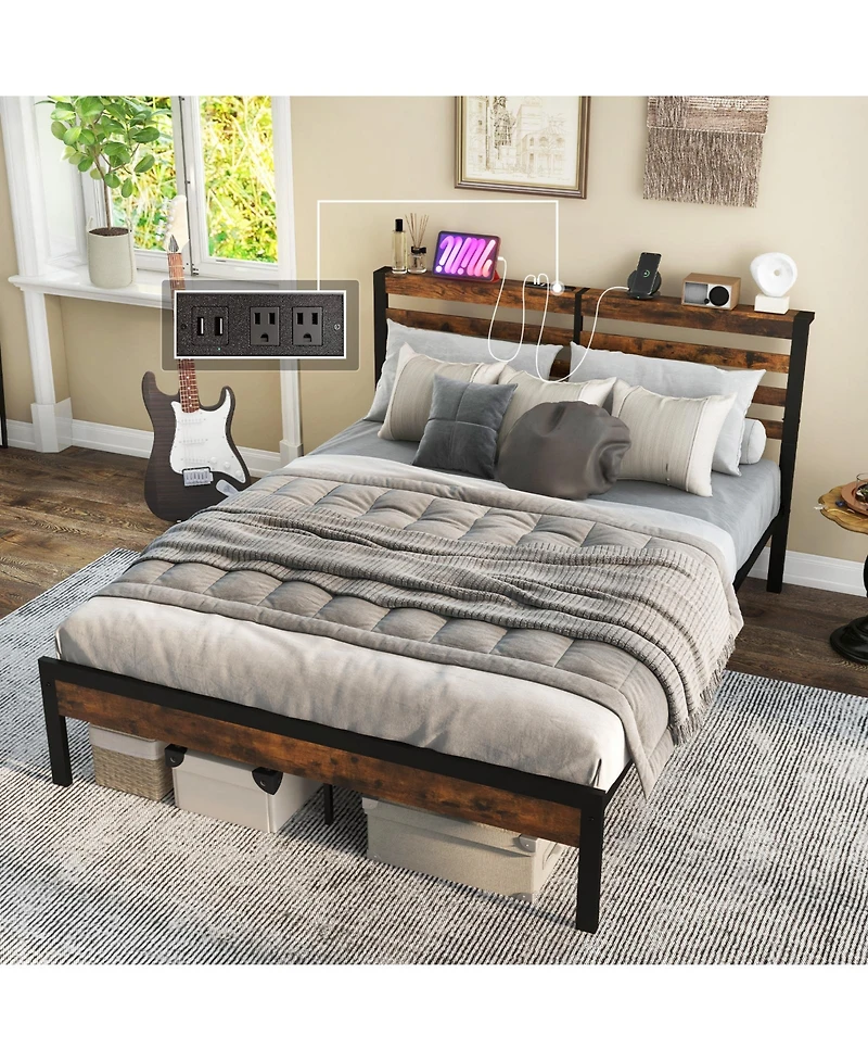 Slickblue Bed Frame with Charging Station and Storage Headboard