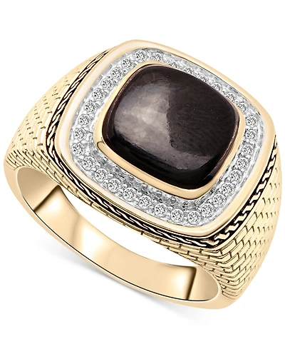 Men's Onyx & Diamond (1/5 ct. t.w.) Brick Texture Ring in 14k Gold-Plated Sterling Silver
