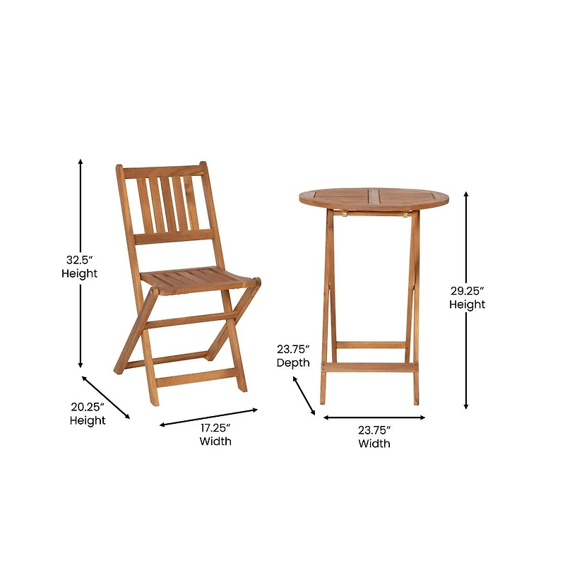 Stora Three Piece Solid Acacia Wood Folding Patio Bistro Set With Lightweight Round Table And Two Chairs