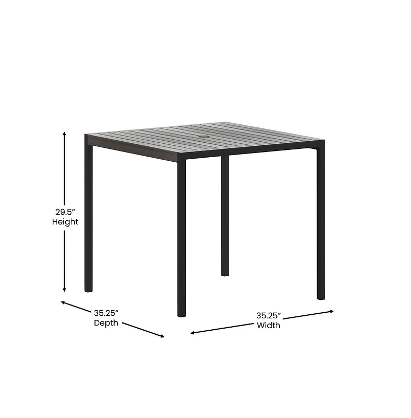Merrick Lane Faux Teak Outdoor Dining Table With Powder Coated Steel Frame And Umbrella Hole