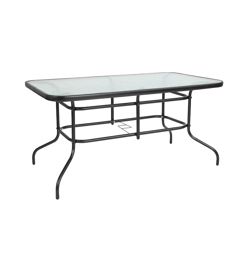 Seven Piece Patio Table Set With Metal Table With Tempered Glass Top And 6 Flex Comfort Stacking Chairs