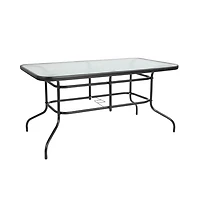 Seven Piece Patio Table Set With Metal Table With Tempered Glass Top And 6 Flex Comfort Stacking Chairs