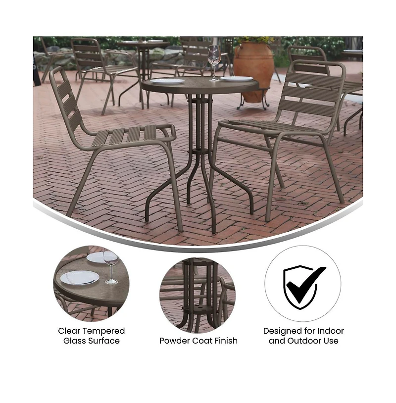 23.75" Round Tempered Glass Metal Table With Smooth Ripple Design Top