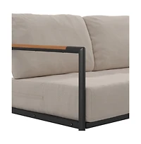 Eastport Outdoor Loveseat With Removable Plush Fabric Cushions And Teak Accented Aluminum Frame