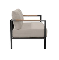 Eastport Outdoor Loveseat With Removable Plush Fabric Cushions And Teak Accented Aluminum Frame