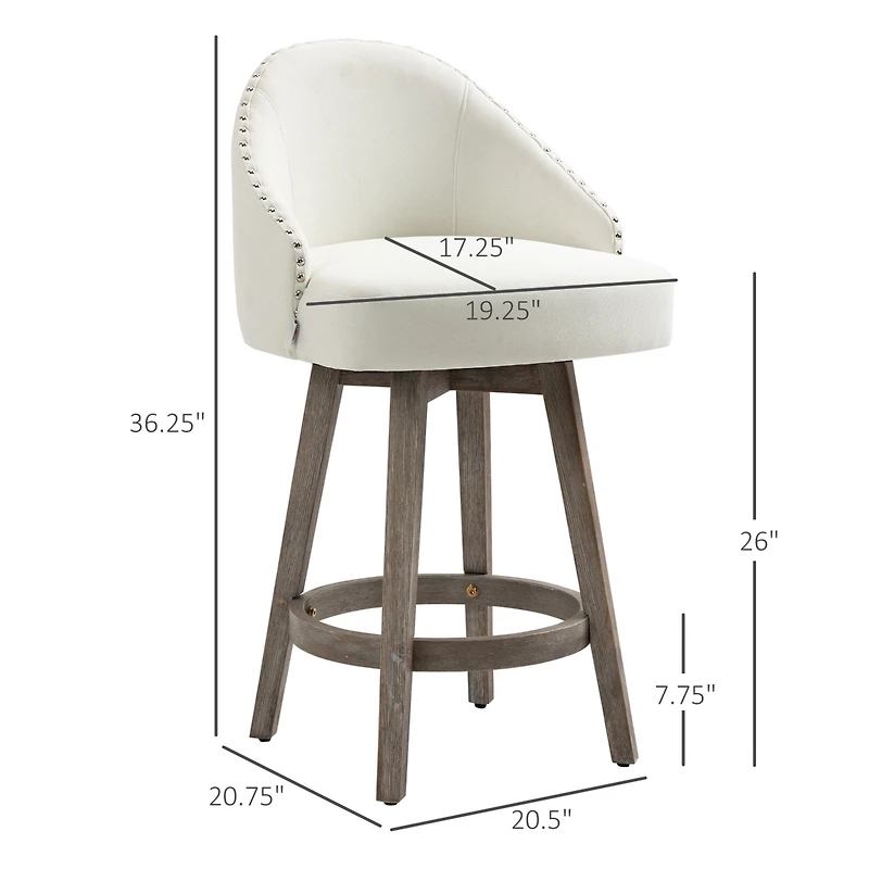 Homcom Fabric Bar stools Set of 2 Stools for Kitchen Counter with Nailhead Trim, White