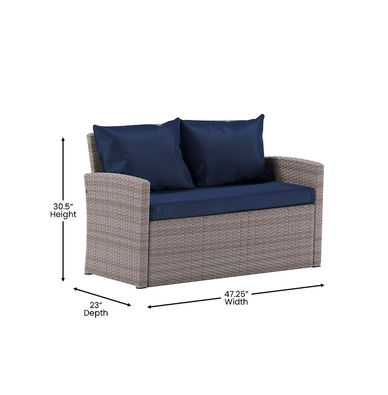 Atlas 4 Piece Patio Set Contemporary Loveseat, 2 Chair And Coffee Table Set With Back Pillows And Seat Cushions
