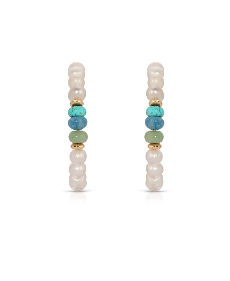 Ettika Freshwater Pearl Beaded Mixed Gemstone Hoop Earrings
