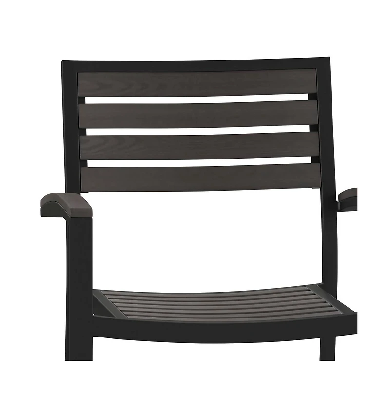 Set Of Two Aluminum Stacking Chairs With Faux Teak Slatted Back And Seat Accented Arms