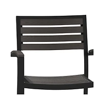 Set Of Two Aluminum Stacking Chairs With Faux Teak Slatted Back And Seat Accented Arms