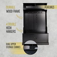 Hall Tree With Double Door Entryway Storage Bench, 4 Hook Coat Rack, Top Cubbies