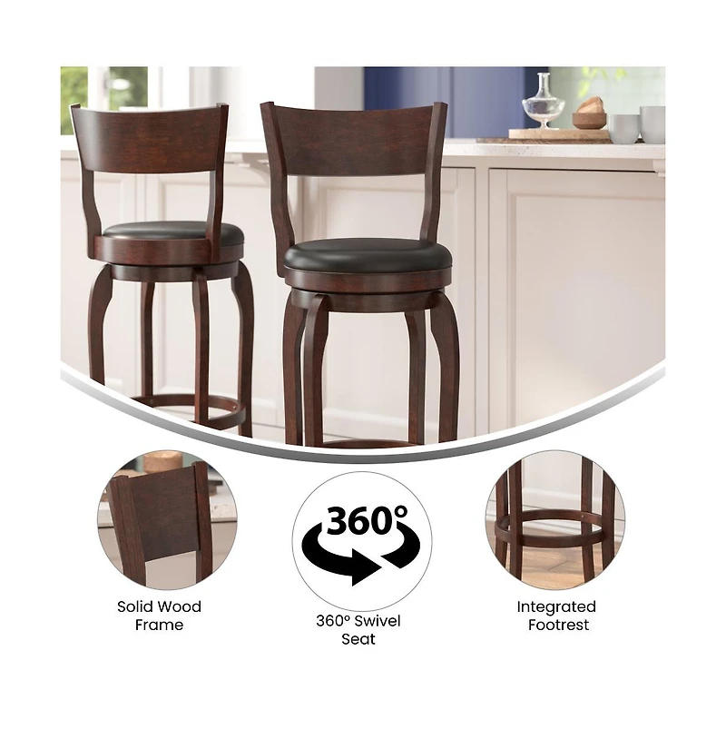 Tally 30" Classic Wooden Open Back Swivel Bar Height Pub Stool With Upholstered Padded Seat And Integrated Footrest