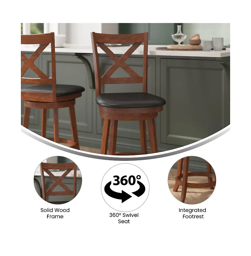 Sora Classic Wooden Crossback Swivel Counter Height Pub Stool With Upholstered Padded Seat And Integrated Footrest