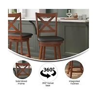 Sora Classic Wooden Crossback Swivel Counter Height Pub Stool With Upholstered Padded Seat And Integrated Footrest