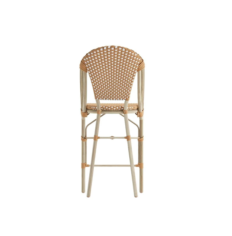Celia Set Of Two Indoor/Outdoor Stacking Bistro Counter Stools With White And Gray Patterned Seats Backs & Bamboo Finished Metal Frames