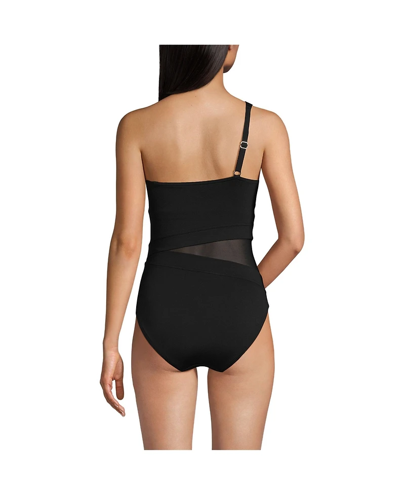 Lands' End Women's Chlorine Resistant Smoothing Control Mesh High Leg One Shoulder Piece Swimsuit