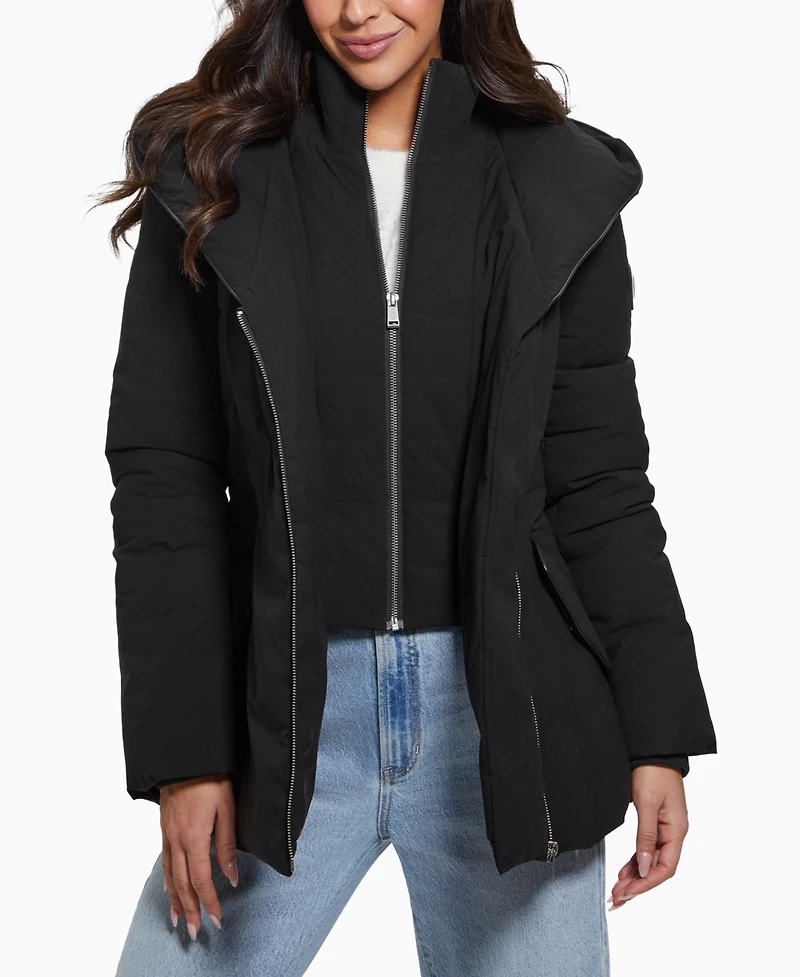 Guess Women's Bibbed Shawl-Collar Hooded Puffer Coat