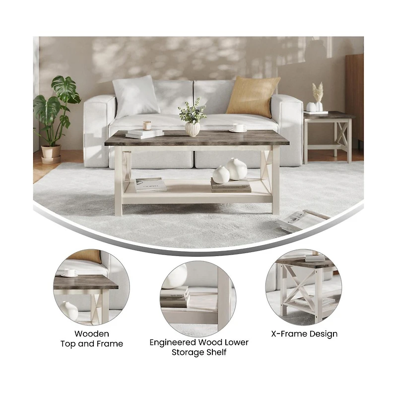 Matty Rustic Coffee Table With Lower Shelf, Farmhouse Style Solid Wood Accent