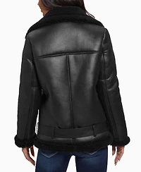 Guess Women's Faux-Shearling Asymmetric Moto Coat