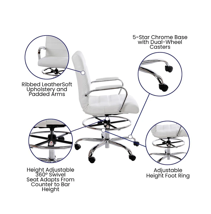 Merrick Lane Tevia Mid-Back Drafting Chair With Adjustable Foot Ring Upholstered Swivel Chair With Chrome Base