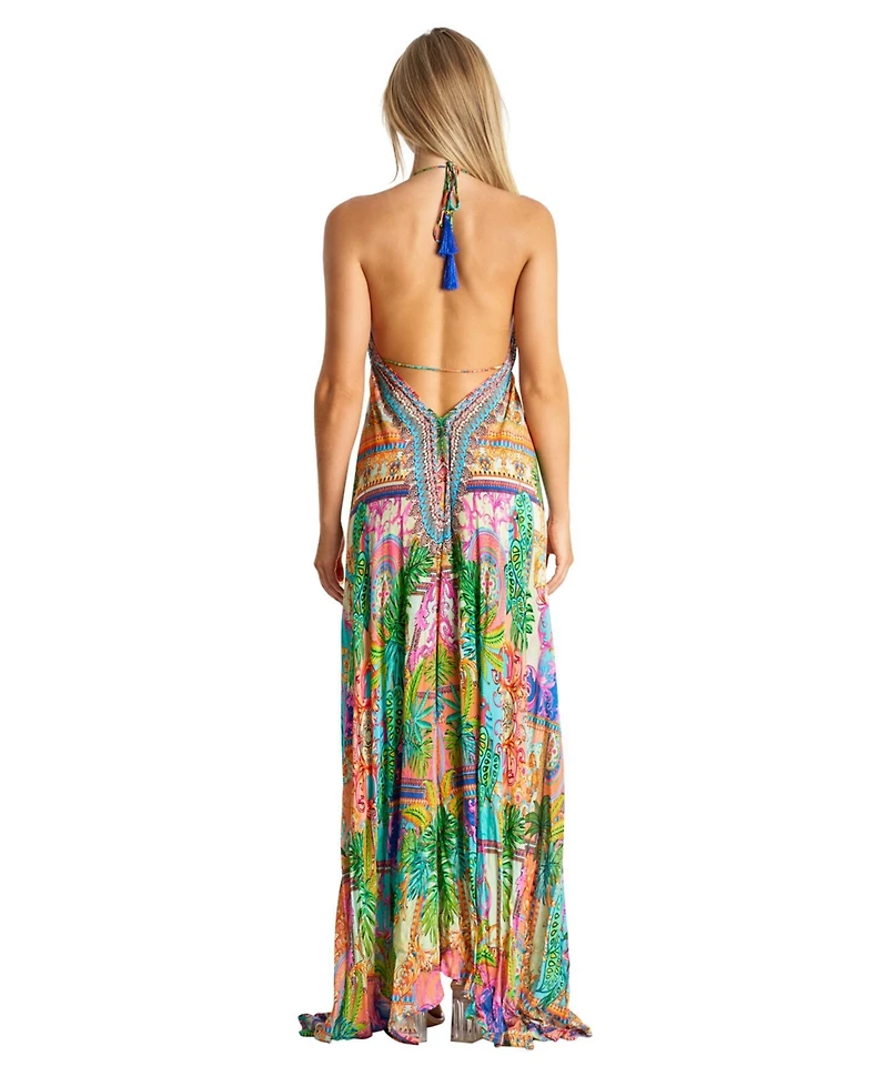 La Moda Clothing Women's Maxi Tropical Print Halterneck Dress