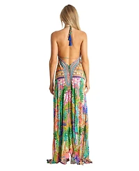 La Moda Clothing Women's Maxi Tropical Print Halterneck Dress