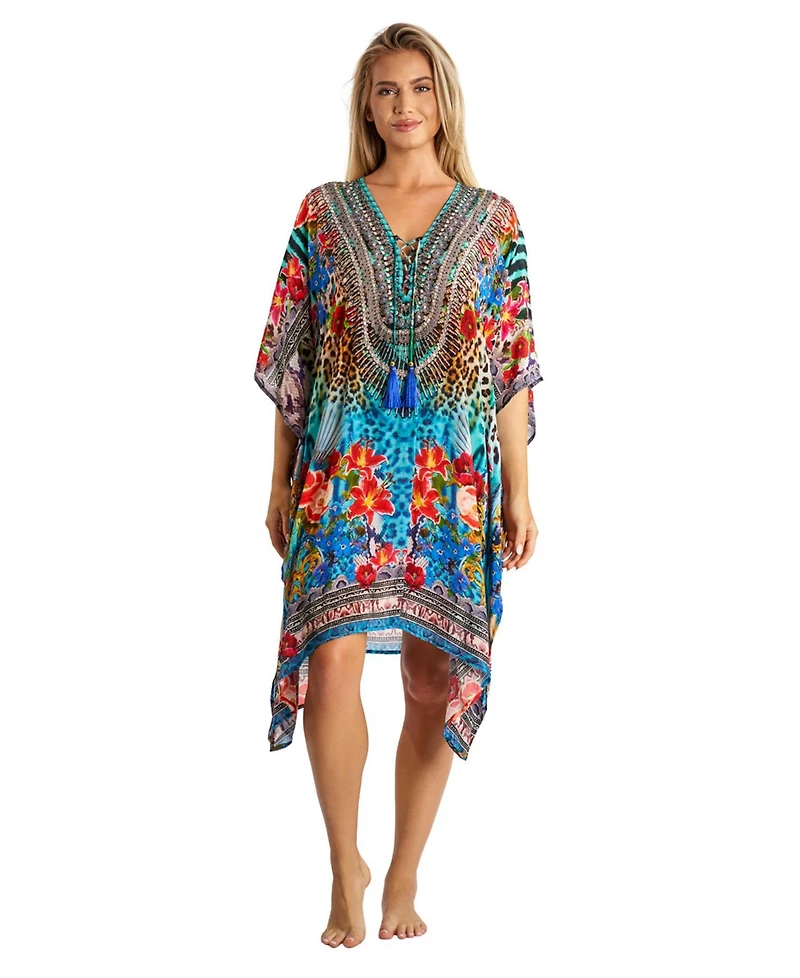 La Moda Clothing Women's V-neck Short Kaftan Dress