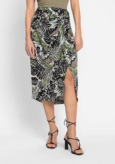 Olsen Women's Satin Effect Midi Skirt with Leaf Print