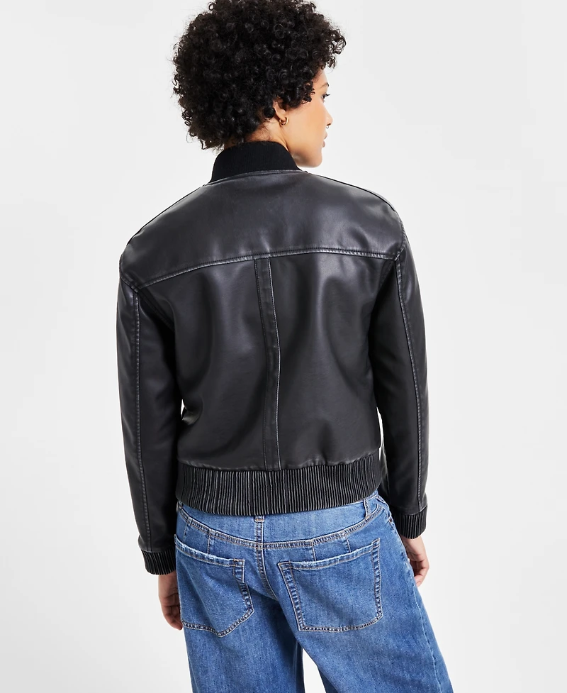 Jou Juniors' Distressed Faux-Leather Bomber Jacket, Created for Macy's
